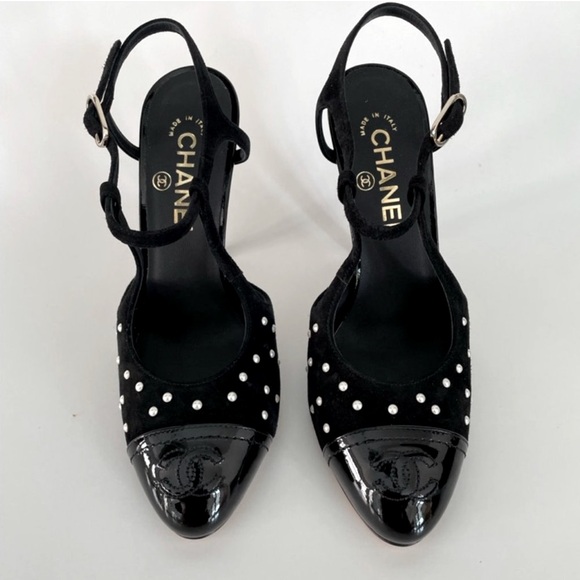 CHANEL Black Pearl Stiletto Ankle Strap Pump Size 37.5 $850 - Picture 1 of 6
